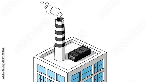 Isometric drawing of a factory rooftop shows a tall black and white striped chimney emitting a plume of smoke.