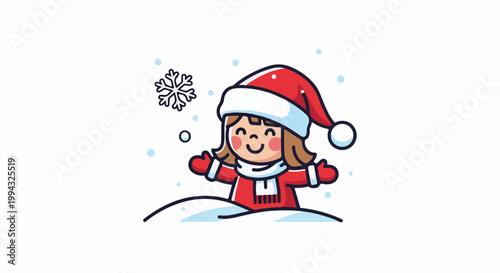 Cheerful child in Santa hat and mittens plays in the snow with snowflakes