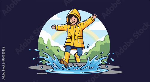 Cheerful child in yellow rain gear joyfully jumps in puddles, a rainbow arcs behind