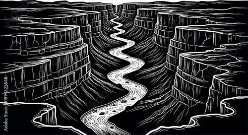 Black and White Canyon Landscape with River Flowing Through for Nature, Geology, and Environment Design