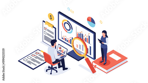 Team of data analysts uses a large magnifying glass to inspect financial charts and reports on a computer screen.