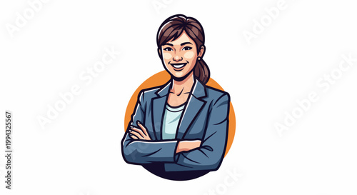 Cartoon illustration of a smiling woman in a blue blazer and light blue shirt, arms crossed, with an orange circle background