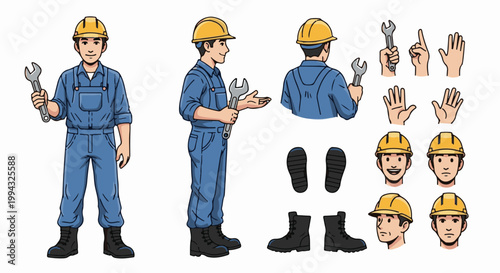 Cartoon male construction worker with tools and different body parts