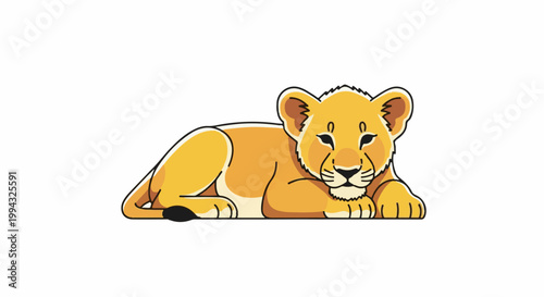 Cartoon lion cub resting on a white background