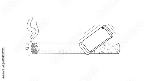 Close-up of a lit cigarette resting on an ashtray with smoke rising.