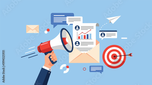 Hand holds a megaphone to amplify a marketing campaign featuring email, targets, and various communication symbols.