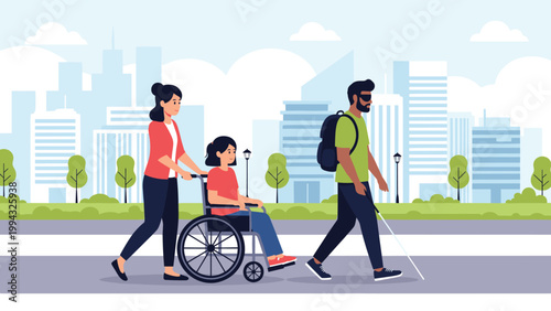 Social inclusion and accessibility shown with a person in a wheelchair and a blind man walking in a busy city park.