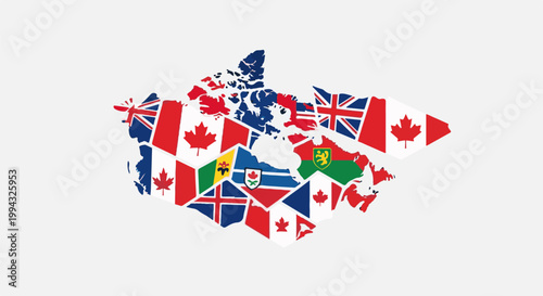 Canada map collage featuring provincial and national flags