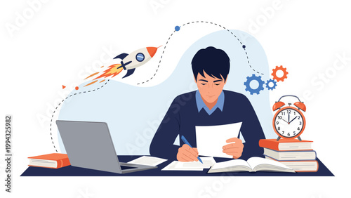Student works diligently at his desk with a laptop and books while a rocket launches in the background symbolising ambition.
