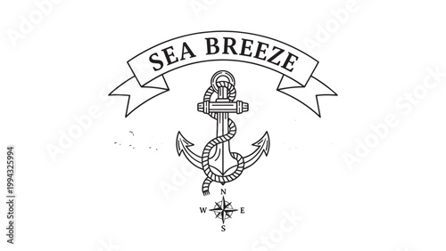 Vintage nautical anchor with sea breeze banner design for maritime theme.