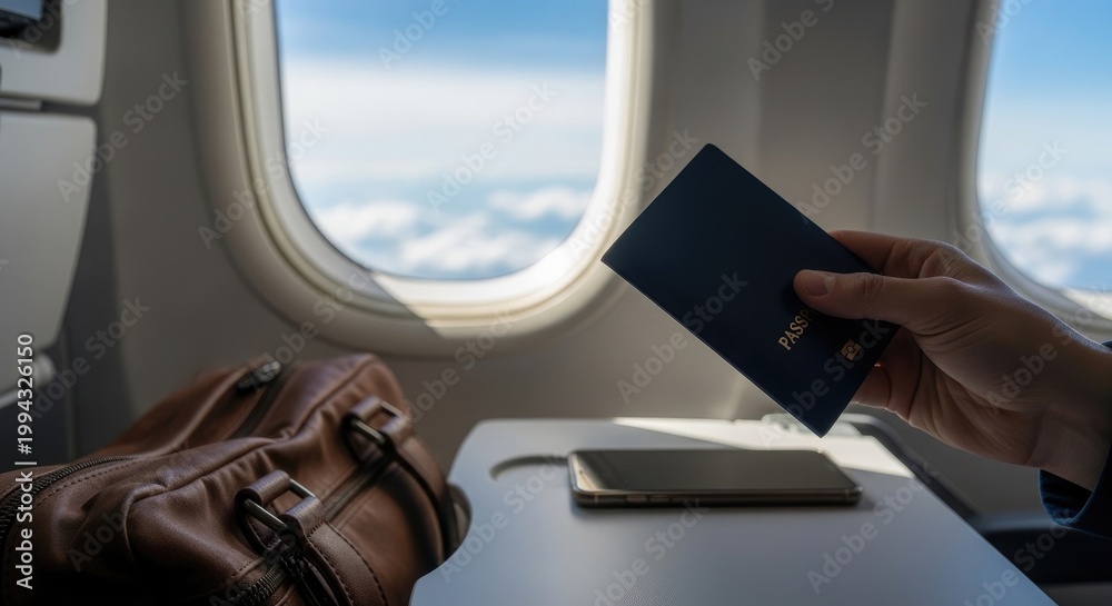 Obraz premium Airplane window view with tablet a traveler's perspective during flight