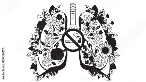 Black and white illustration of lungs with floral and botanical elements surrounding them.