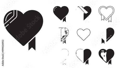 Black and White Heart with Ribbon Symbol for Love and Support.