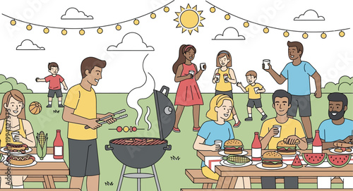 A diverse group of people enjoying a sunny backyard barbecue party with grilling and food on picnic tables