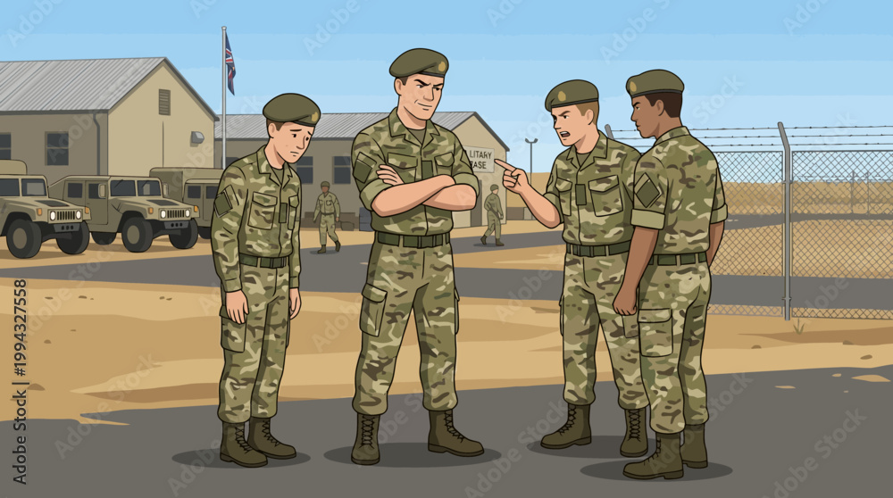 Fototapeta premium Cartoon depiction of military personnel in a discussion at an army base with vehicles and