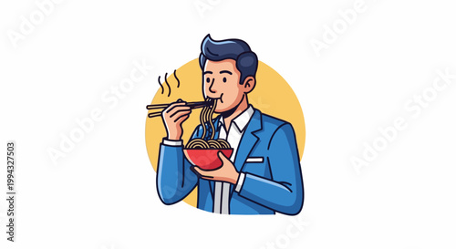 Businessman enjoys a steaming bowl of noodles with chopsticks, framed by a yellow circle