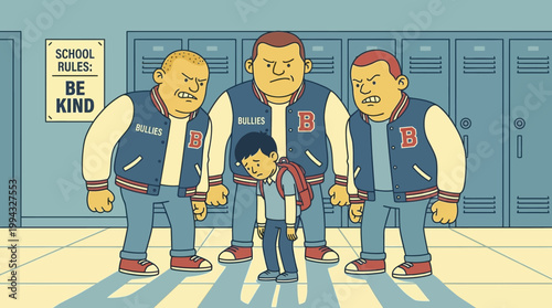Cartoon depicts school hallway bullying scene with the message to be kind contrasted against