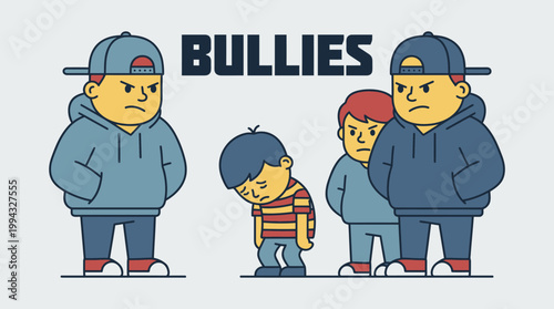 Cartoon illustration depicting a group of intimidating figures confronting a sad, downtrodden