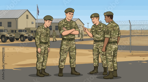 Cartoon depiction of military personnel in a discussion at an army base with vehicles and
