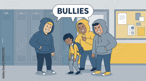 Cartoon illustration depicting a group of bullies confronting a smaller, sad student in a school