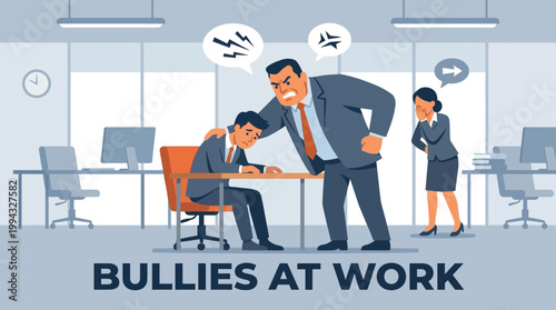 Illustration depicting workplace harassment and intimidation within an office environment with