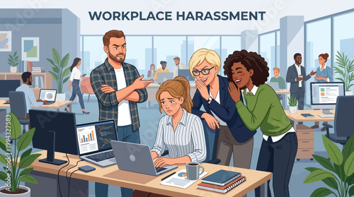 Depiction of workplace harassment with distressed employee facing taunts from colleagues in a