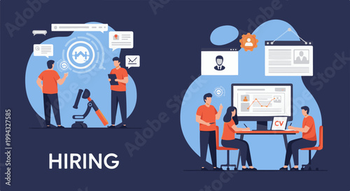 Business team collaborating, analyzing data, and interviewing candidates for hiring