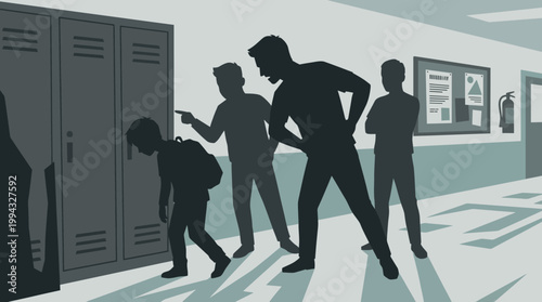 Intimidating silhouettes of youths cornering a smaller student by school lockers