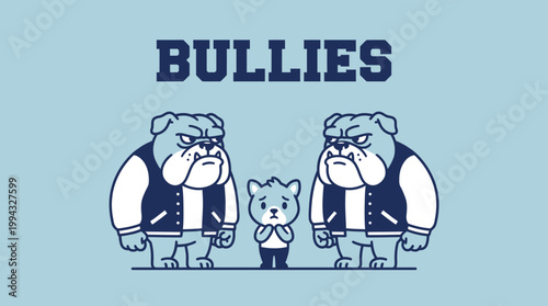 Intimidating Bulldogs Loom Over a Small Frightened Creature Against a Blue Background Illustration