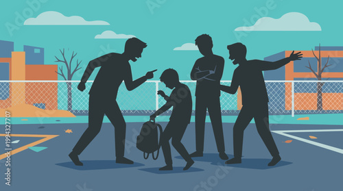 Silhouetted youngsters experience peer conflict and isolation in an outdoor setting amidst