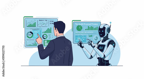Business professional collaborates with a robot on interactive financial charts