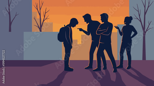 Silhouettes of children experiencing peer aggression and social exclusion during sunset