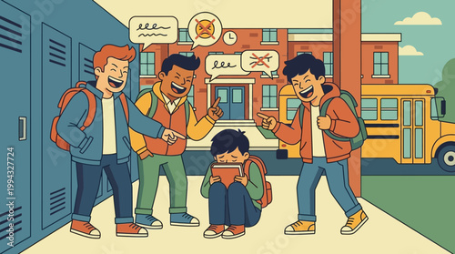 Unhappy child is bullied by peers at school corridor near lockers and bus