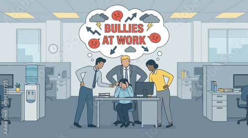 Workplace bullying and harassment depicted with stressed employees in a modern office environment
