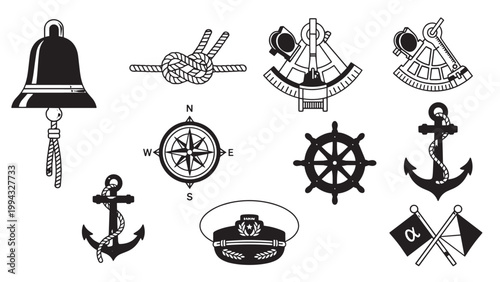 Collection of nautical and maritime symbols including anchors, ship wheels, and navigation tools for maritime themes.