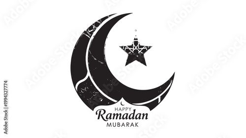 Ramadan Mubarak Islamic Greeting with Crescent Moon and Star Illustration.