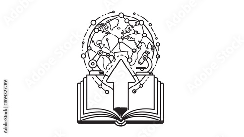 Open book with a globe and upward arrow symbolizing knowledge and global learning.