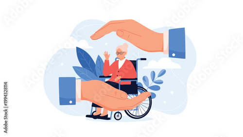 Large protective hands surround an elderly woman in a wheelchair symbolizing dedicated care and support for senior citizens.
