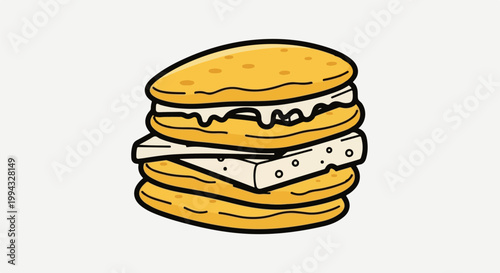 Cartoon illustration of a layered snack with golden-brown buns and creamy filling