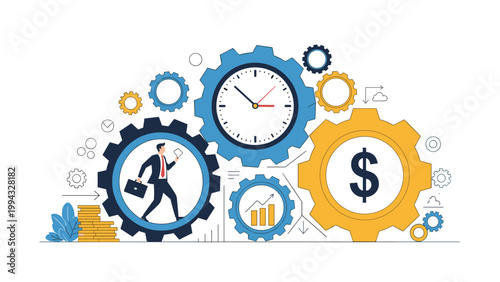 Businessman walks inside a large gear system featuring a clock and dollar sign gears to represent time and money management.