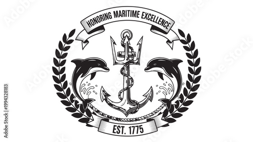 Maritime emblem featuring an anchor and two seahorses with a banner and laurel wreath.