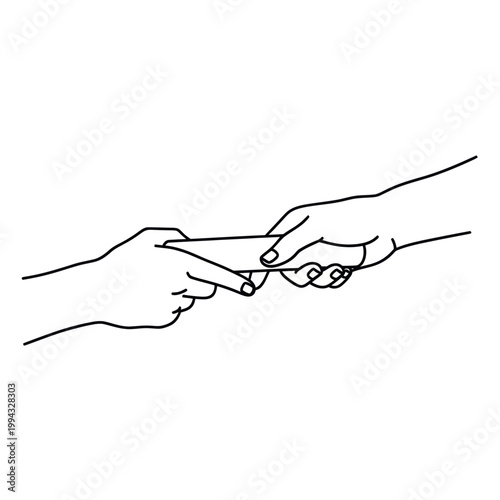 Passing object between two hands, simple line art, communication, exchange concept