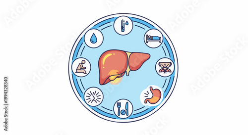 Cartoon illustration of a human liver surrounded by icons representing health and symptoms
