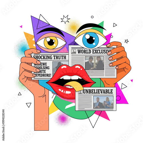 Surreal Eyes and Lips Holding Newspaper with Shocking News