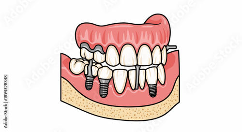 Cartoon illustration of a dental implant bridge showing teeth and implants