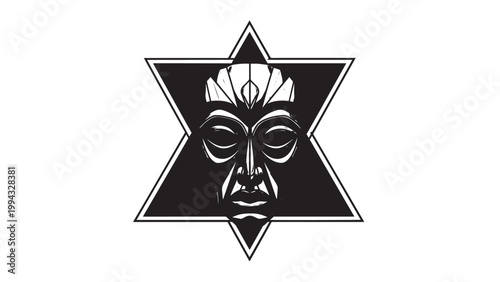 Black and White Tribal Mask with Geometric Background Design.