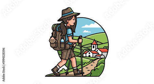 Cartoon hiker with backpack and poles walks on a scenic path towards a village