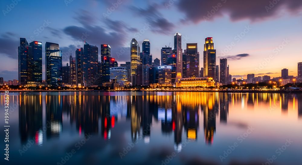 Fototapeta premium City skyline reflected in water at dusk with buildings and lights