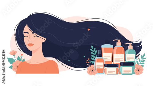 Beautiful woman with long dark flowing hair surrounded by various hair care and beauty product bottles and floral elements.