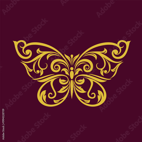Ornate Golden Filigree Butterfly on Deep Burgundy Background